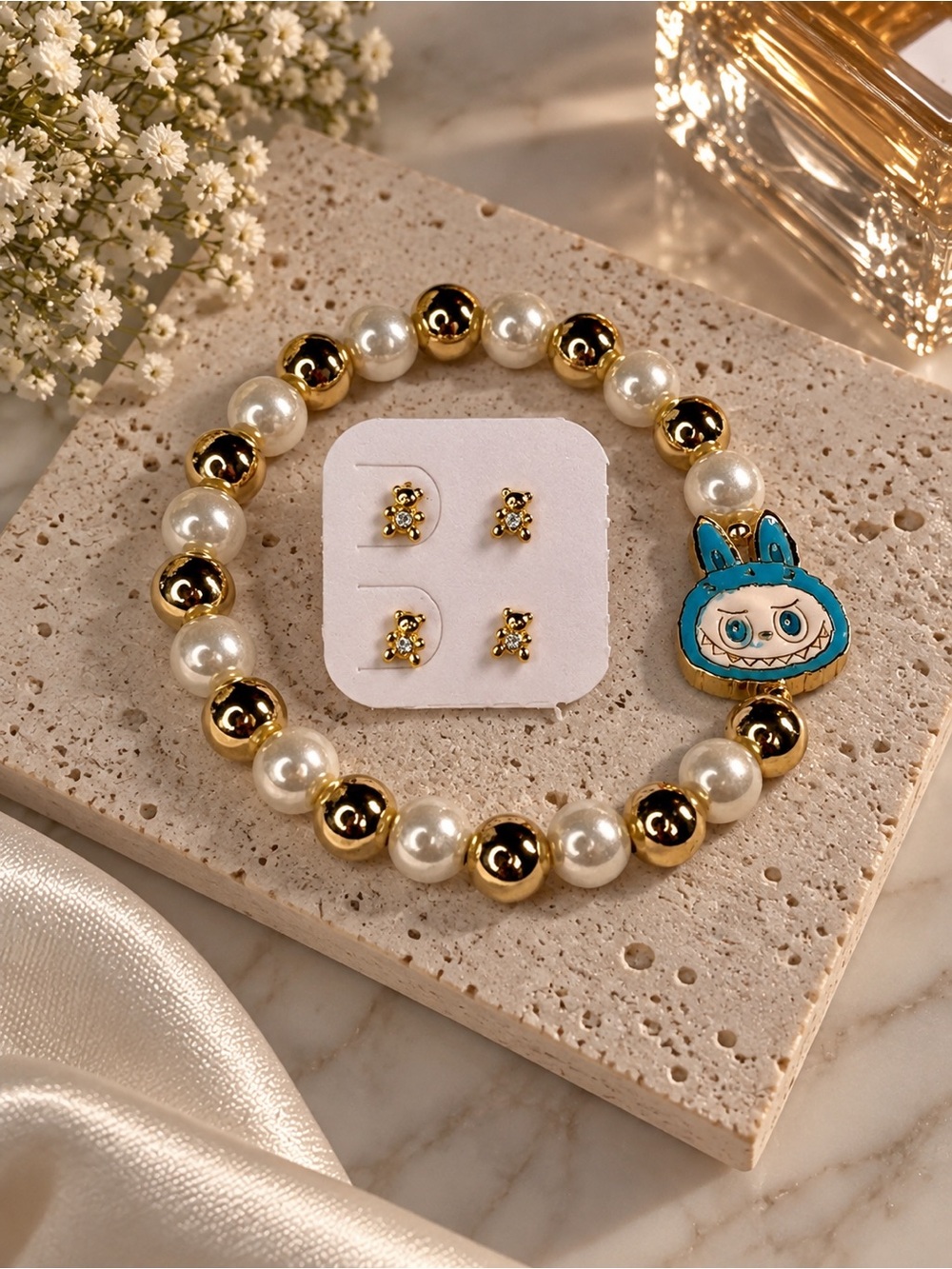 Kids Gold & Pearl Beaded Bracelet with Blue Character Charm